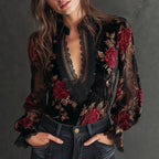 Daniela - Women's Lace-Trimmed Floral Velvet V-Neck Blouse 1