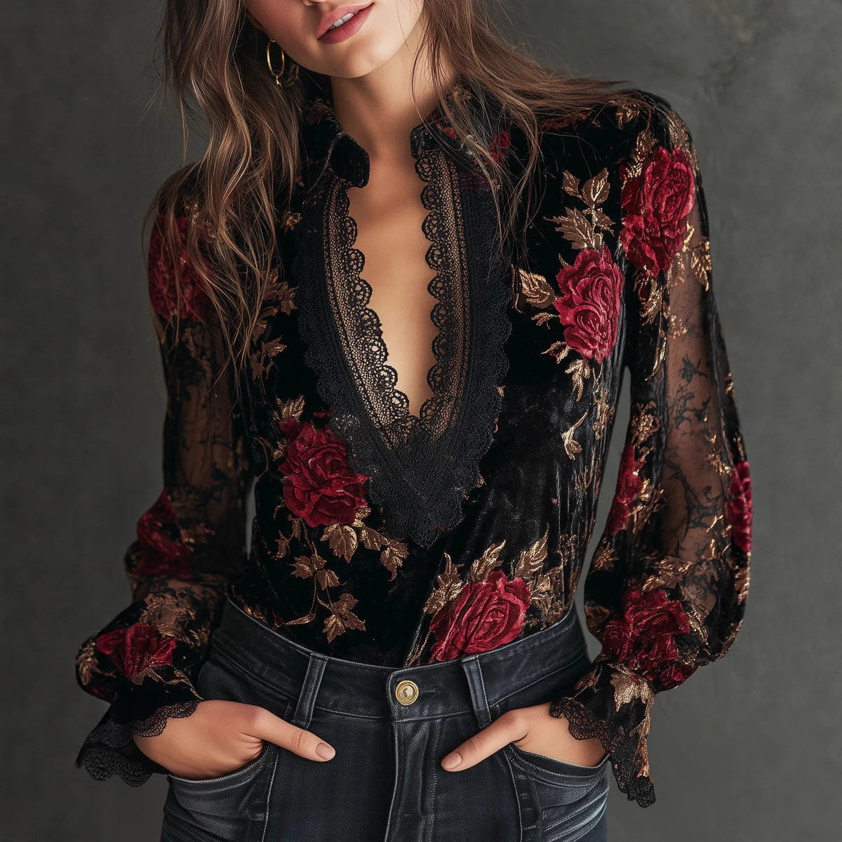Daniela - Women's Lace-Trimmed Floral Velvet V-Neck Blouse 1