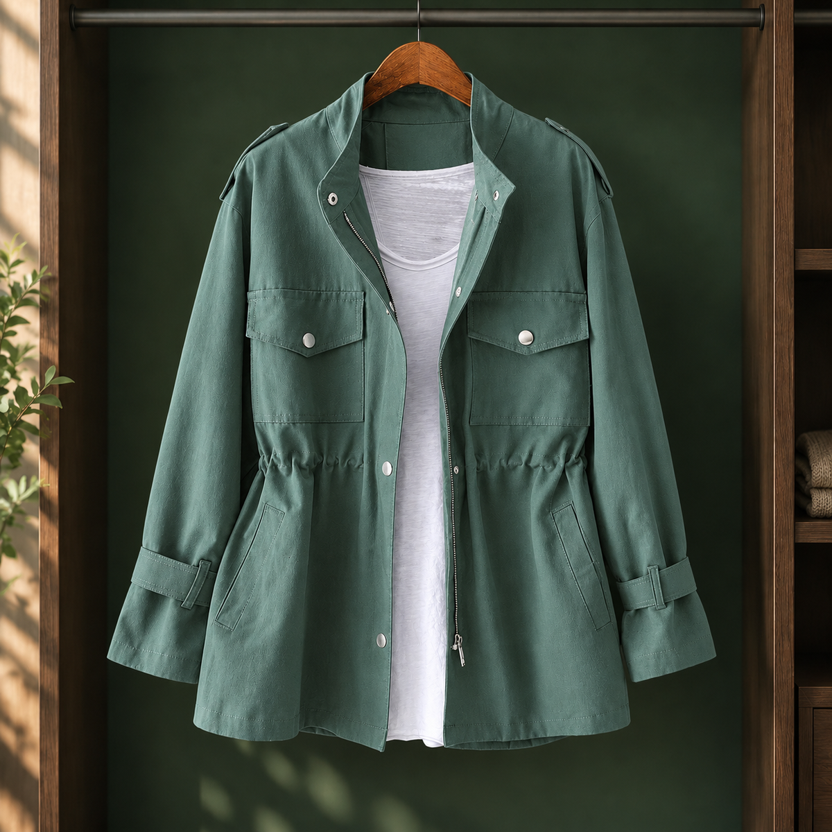Daphne - Women's Drawstring-Waist Cargo Rain Jacket