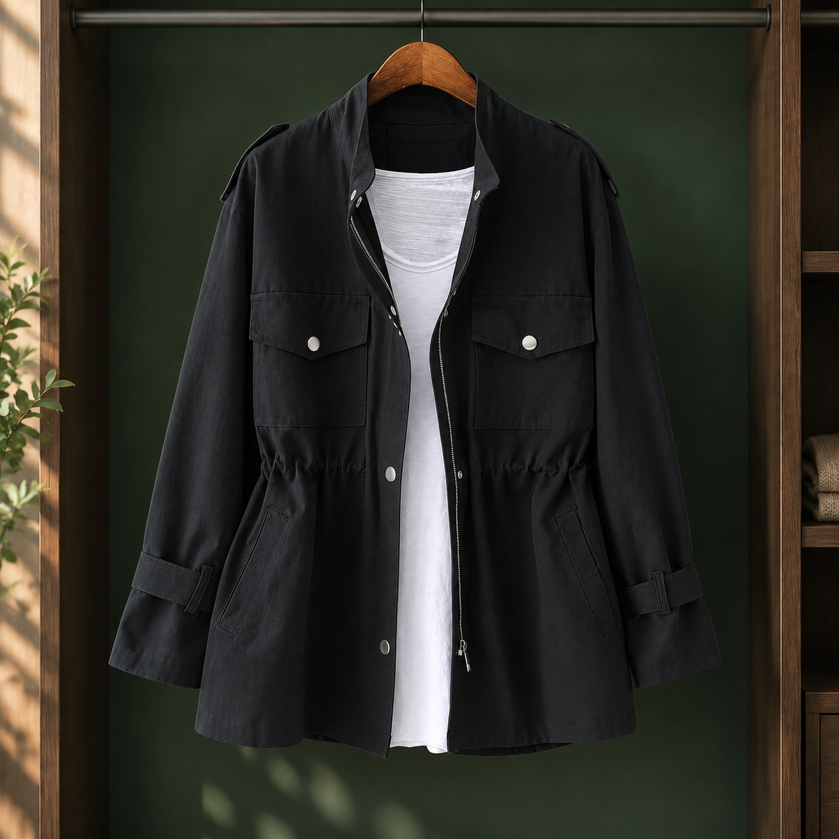 Daphne - Women's Drawstring-Waist Cargo Rain Jacket