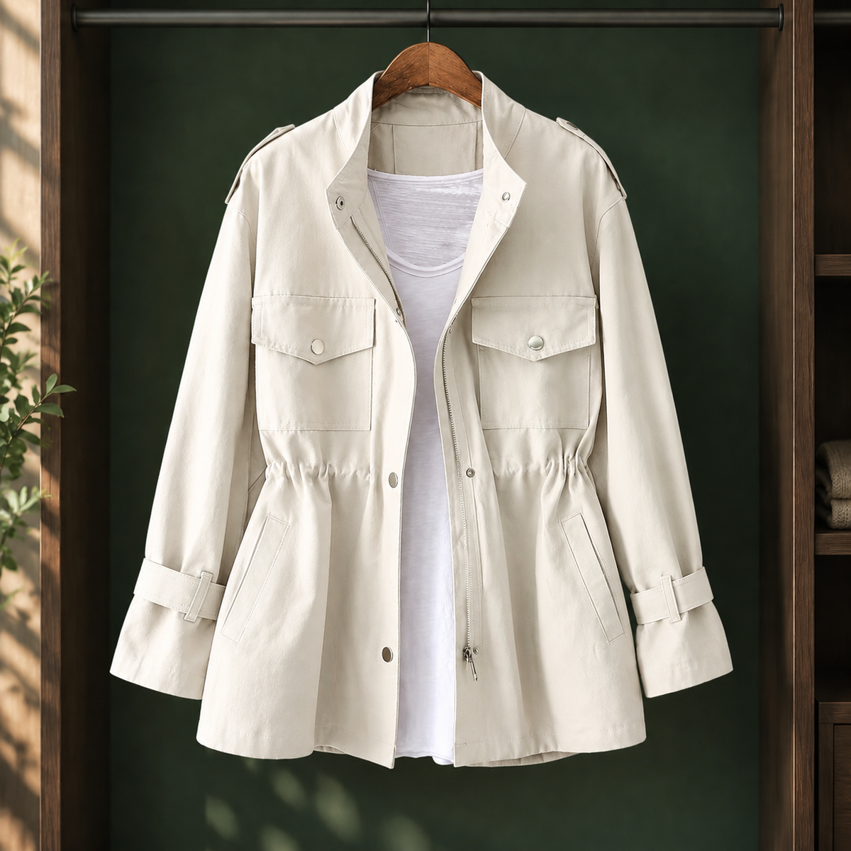 Daphne - Women's Drawstring-Waist Cargo Rain Jacket