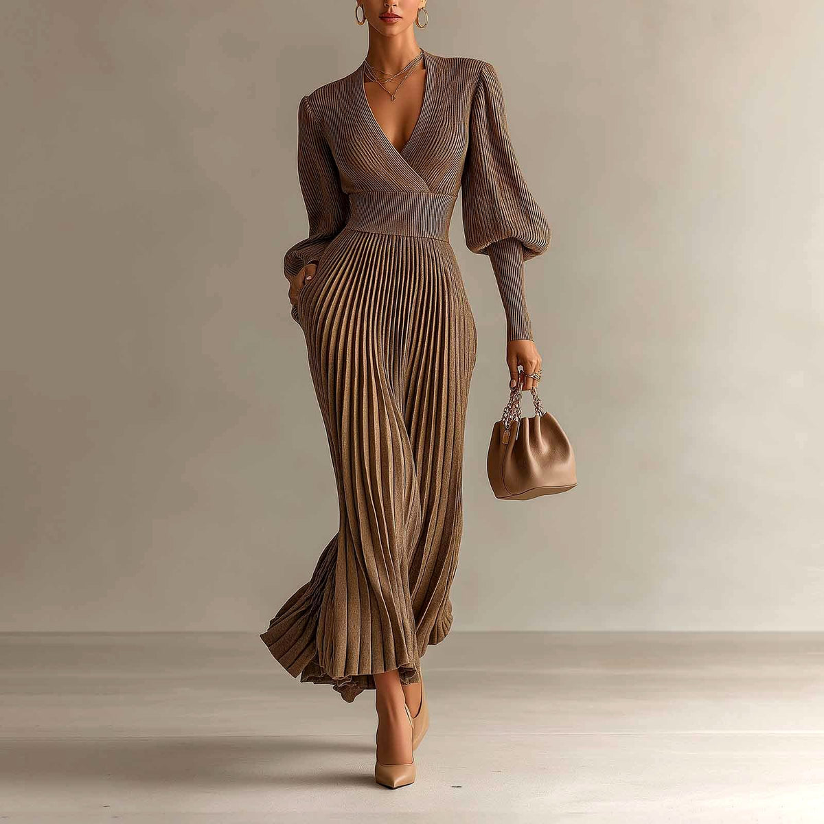 Darla - Women's Tailored V-Neck Balloon-Sleeve Evening Dress 2