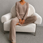Delia - Women's Ribbed V-Neck Wide Leg Matching Set 1