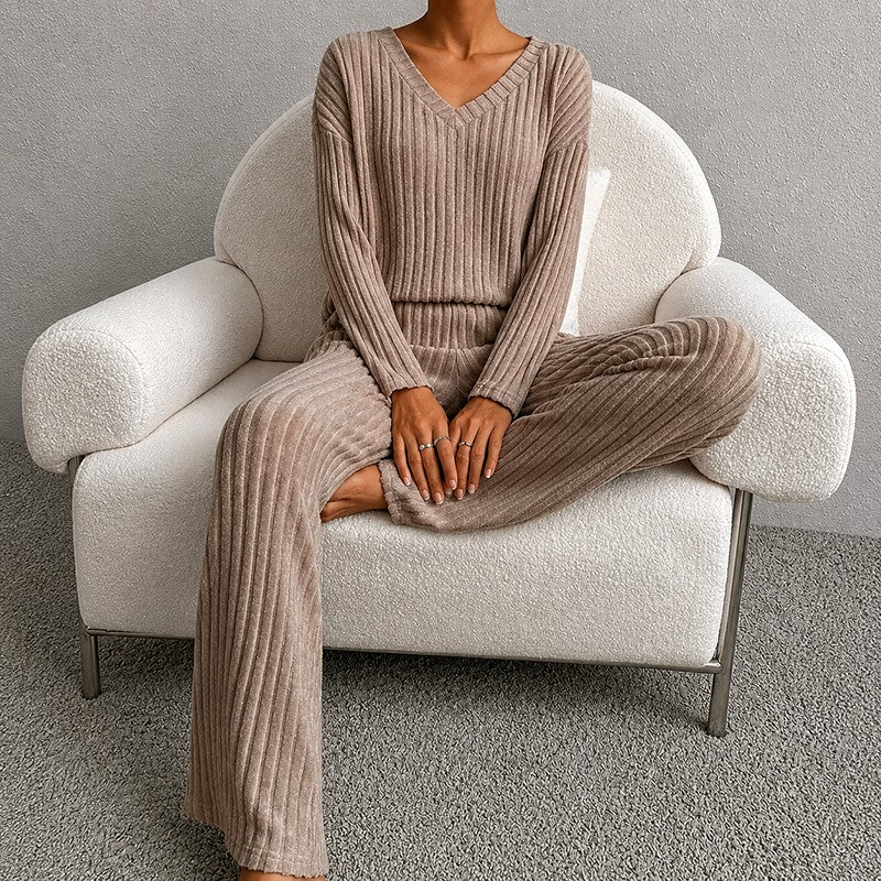 Delia - Women's Ribbed V-Neck Wide Leg Matching Set 1