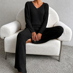 Delia - Women's Ribbed V-Neck Wide Leg Matching Set 2