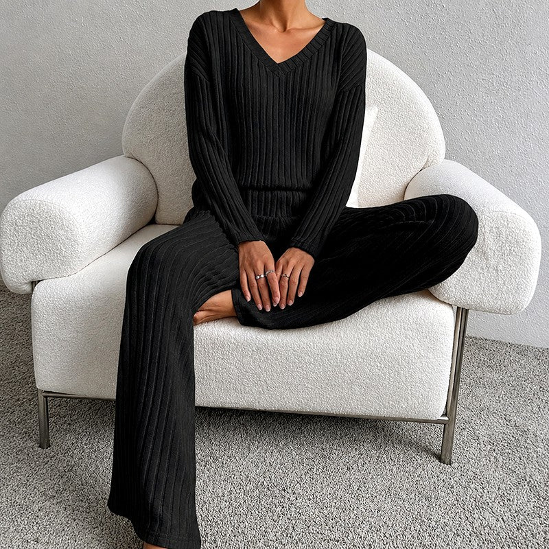 Delia - Women's Ribbed V-Neck Wide Leg Matching Set 2