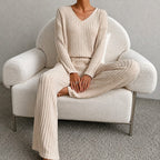 Delia - Women's Ribbed V-Neck Wide Leg Matching Set 3