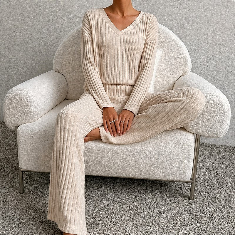 Delia - Women's Ribbed V-Neck Wide Leg Matching Set 3