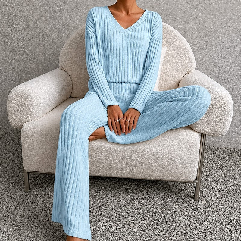 Delia - Women's Ribbed V-Neck Wide Leg Matching Set 4