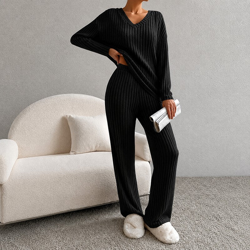 Delia - Women's Ribbed V-Neck Wide Leg Matching Set 5