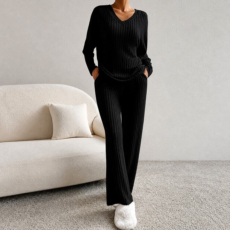 Delia - Women's Ribbed V-Neck Wide Leg Matching Set 6