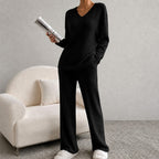 Delia - Women's Ribbed V-Neck Wide Leg Matching Set 7