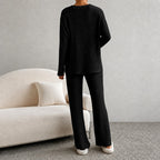 Delia - Women's Ribbed V-Neck Wide Leg Matching Set 8