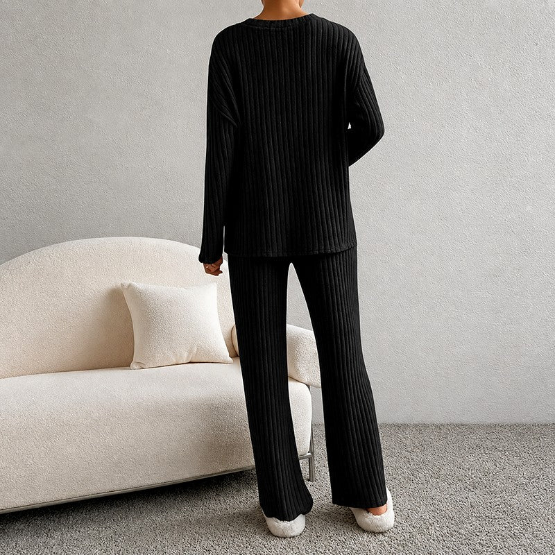 Delia - Women's Ribbed V-Neck Wide Leg Matching Set 8