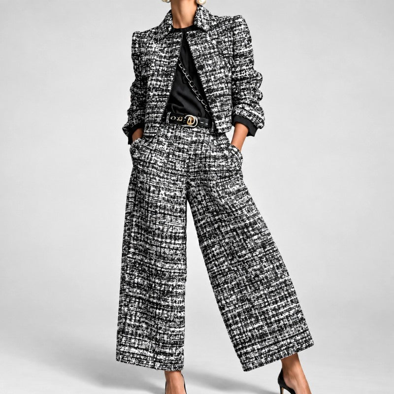 Delilah - Women's Tweed Cropped Blazer & Wide Leg Pants Set 1