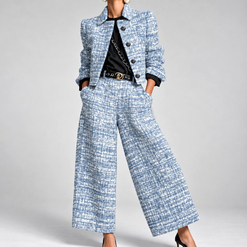 Delilah - Women's Tweed Cropped Blazer & Wide Leg Pants Set 2