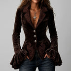 Della - Women's Button-Front Velvet Blazer with Ruffle Cuffs 2