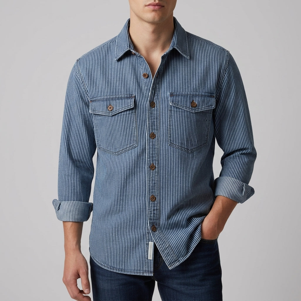 Desmond - Men's Striped Button-Front Denim Shirt