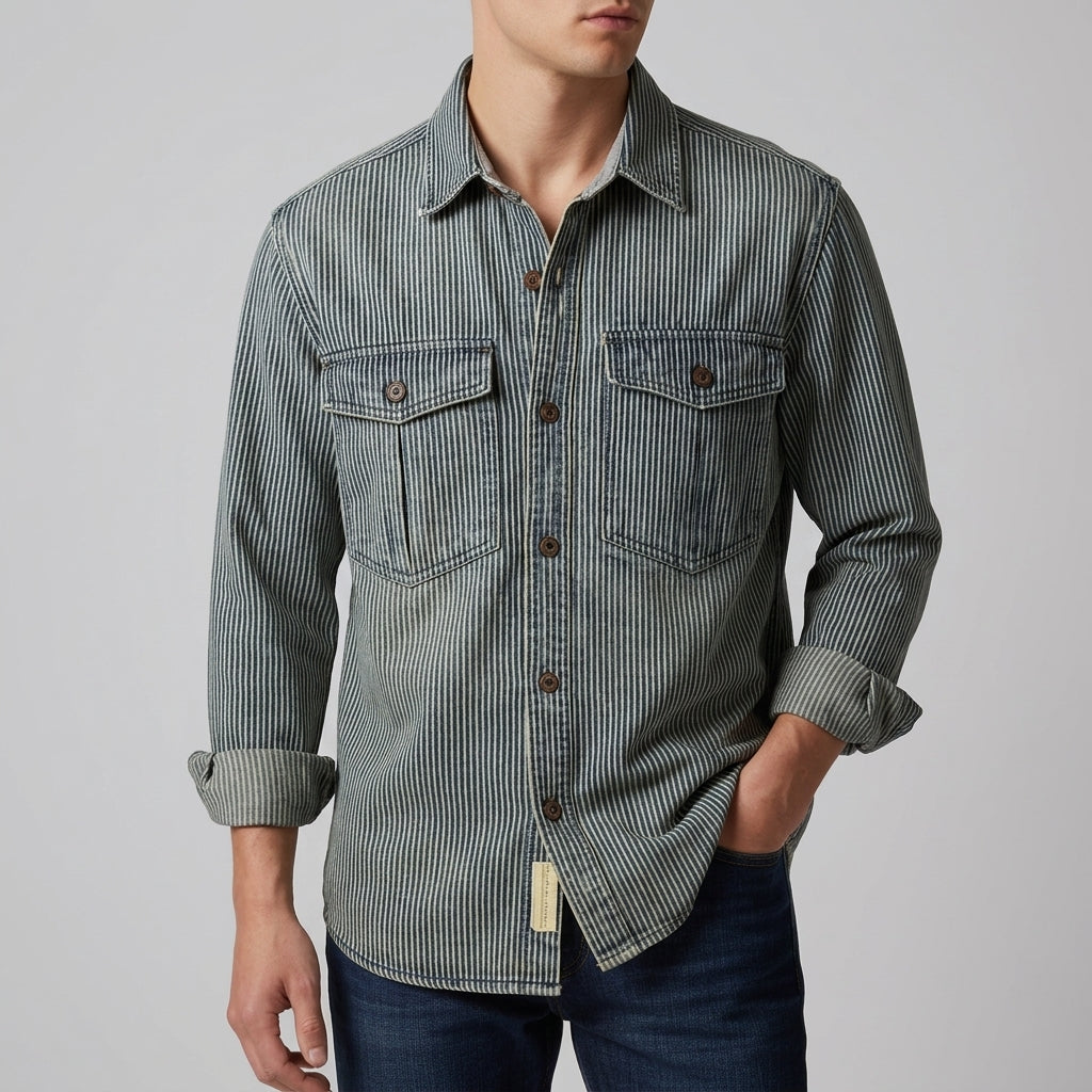Desmond - Men's Striped Button-Front Denim Shirt
