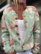 Dorothea - Women's Floral Button-Up Cardigan with Ribbed Trims
