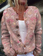 Dorothea - Women's Floral Button-Up Cardigan with Ribbed Trims