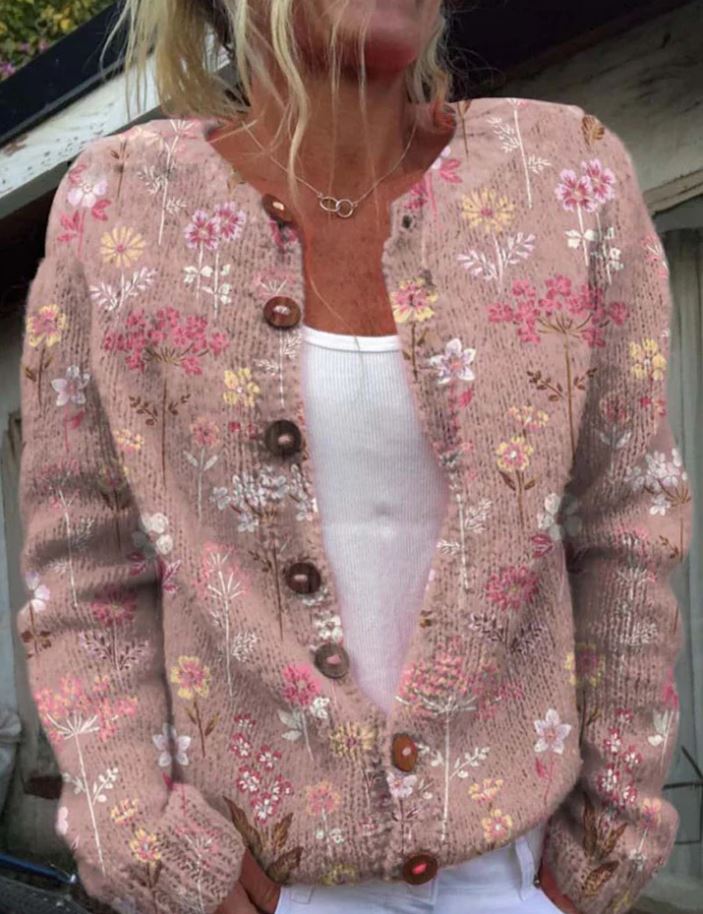 Dorothea - Women's Floral Button-Up Cardigan with Ribbed Trims