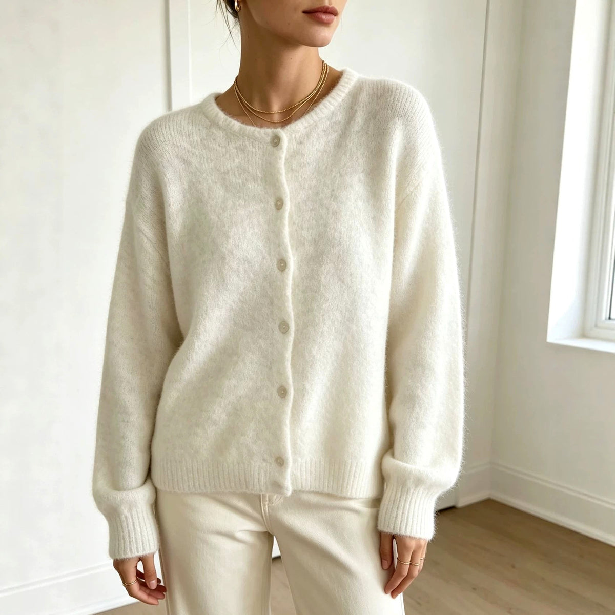 Edda - Women's Crew Neck Button-Front Knit Cardigan 2