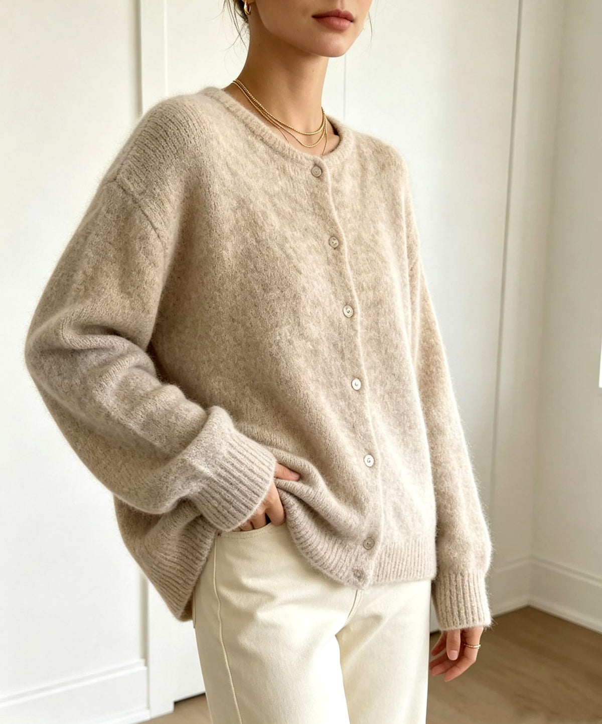 Edda - Women's Crew Neck Button-Front Knit Cardigan 4