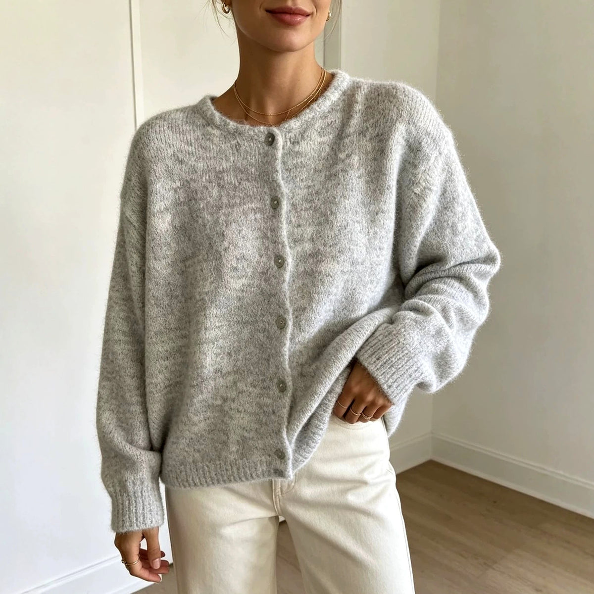 Edda - Women's Crew Neck Button-Front Knit Cardigan 7