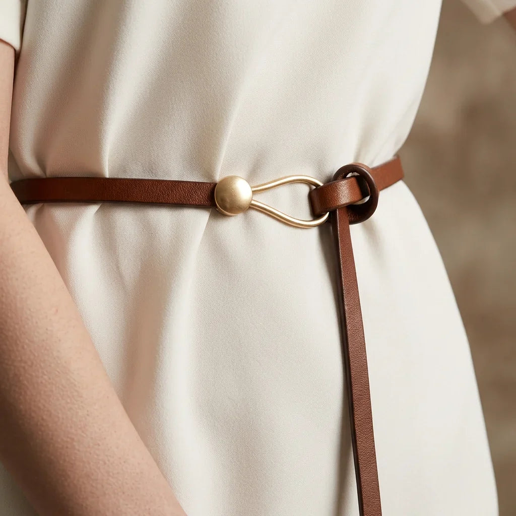 Elaiza – Women's Slim Leather Belt with Sculptural Hook Buckle