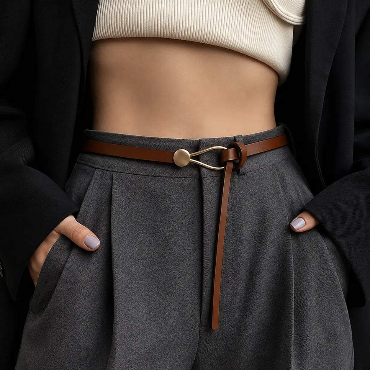 Elaiza – Women's Slim Leather Belt with Sculptural Hook Buckle