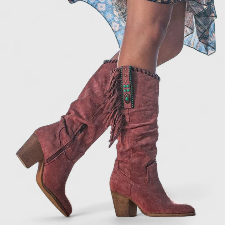 Elena - Women's Suede Knee-High Boots with Fringe Detail