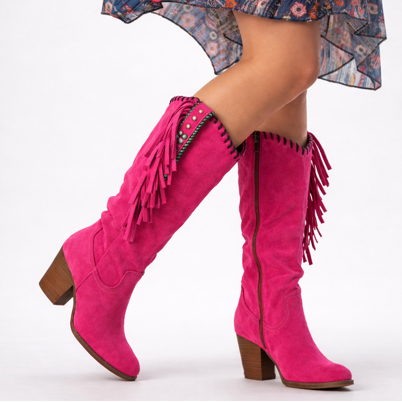 Elena - Women's Suede Knee-High Boots with Fringe Detail