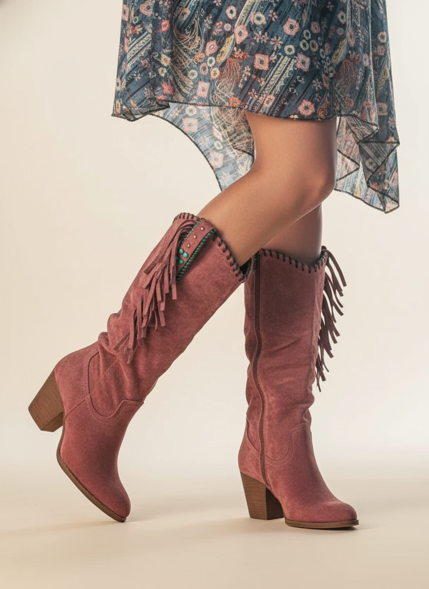 Elena - Women's Suede Knee-High Boots with Fringe Detail