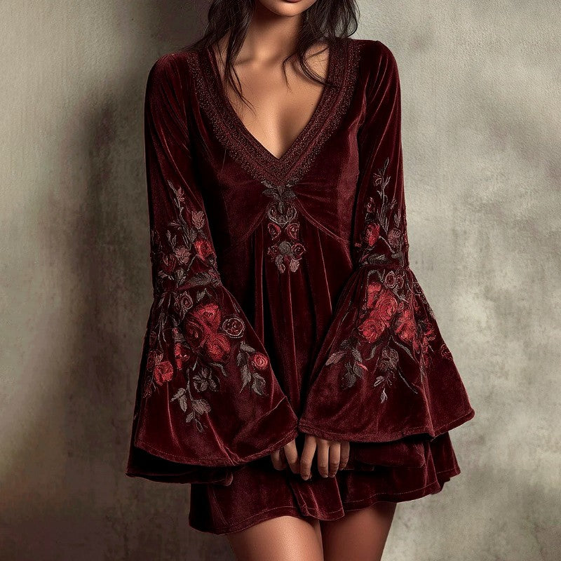 Eliza - Women's Velvet Floral Embroidered Long Sleeve Dress 1