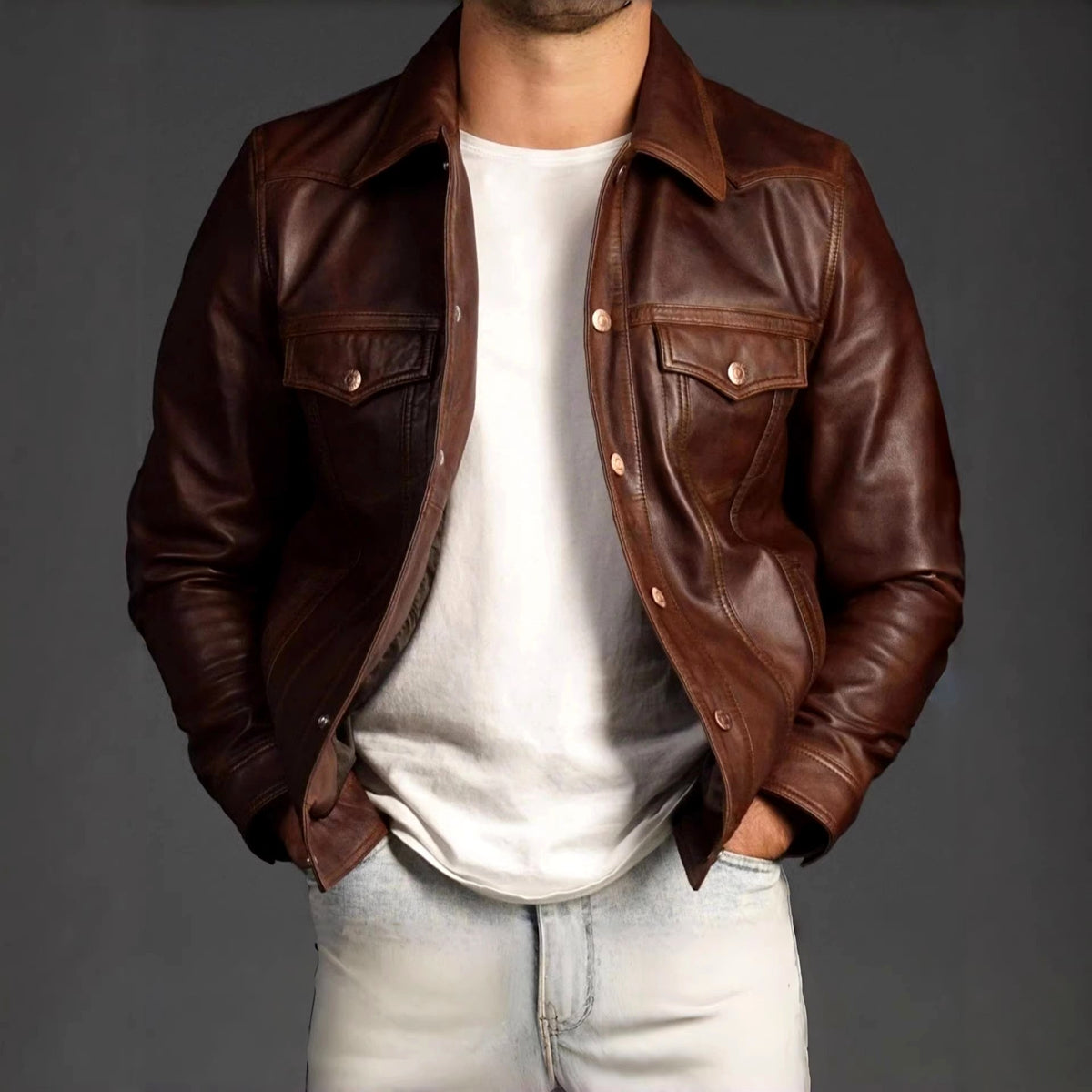 Elton - Men's Vintage-Style Leather Jacket with Chest Pockets 3
