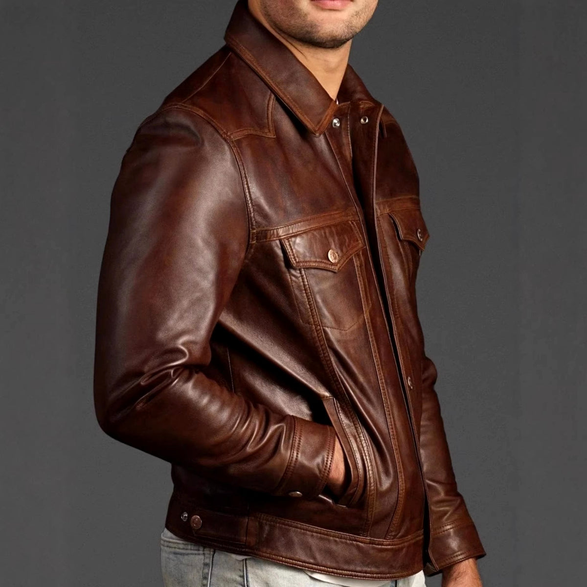 Elton - Men's Vintage-Style Leather Jacket with Chest Pockets 4