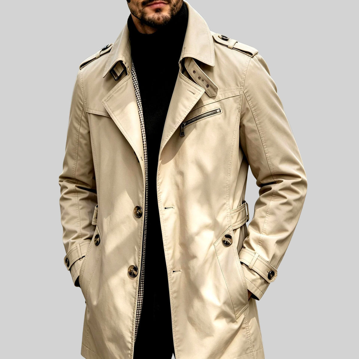 Erwin - Men's Long Belted Trench Coat with Zip Pocket 1
