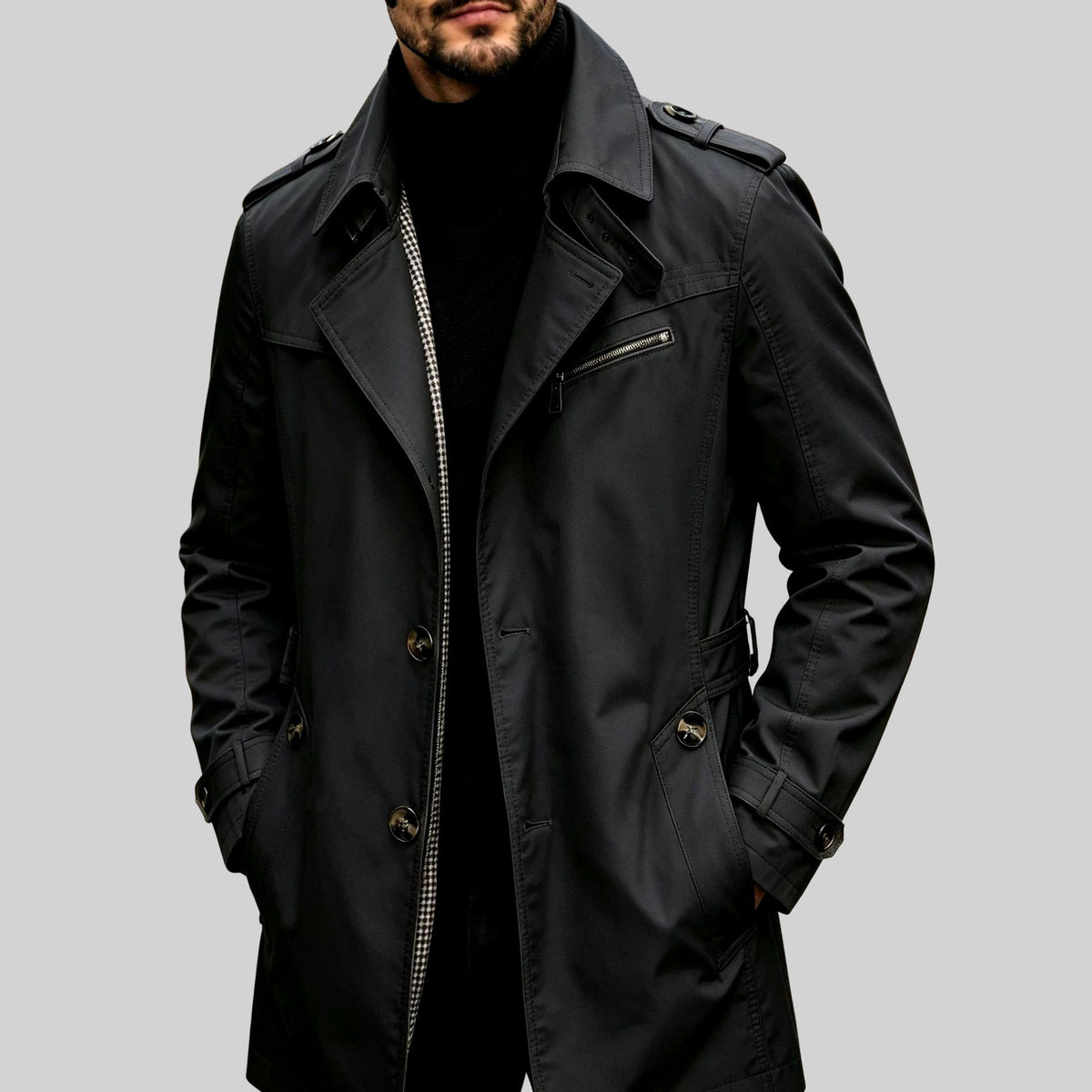 Erwin - Men's Long Belted Trench Coat with Zip Pocket 2