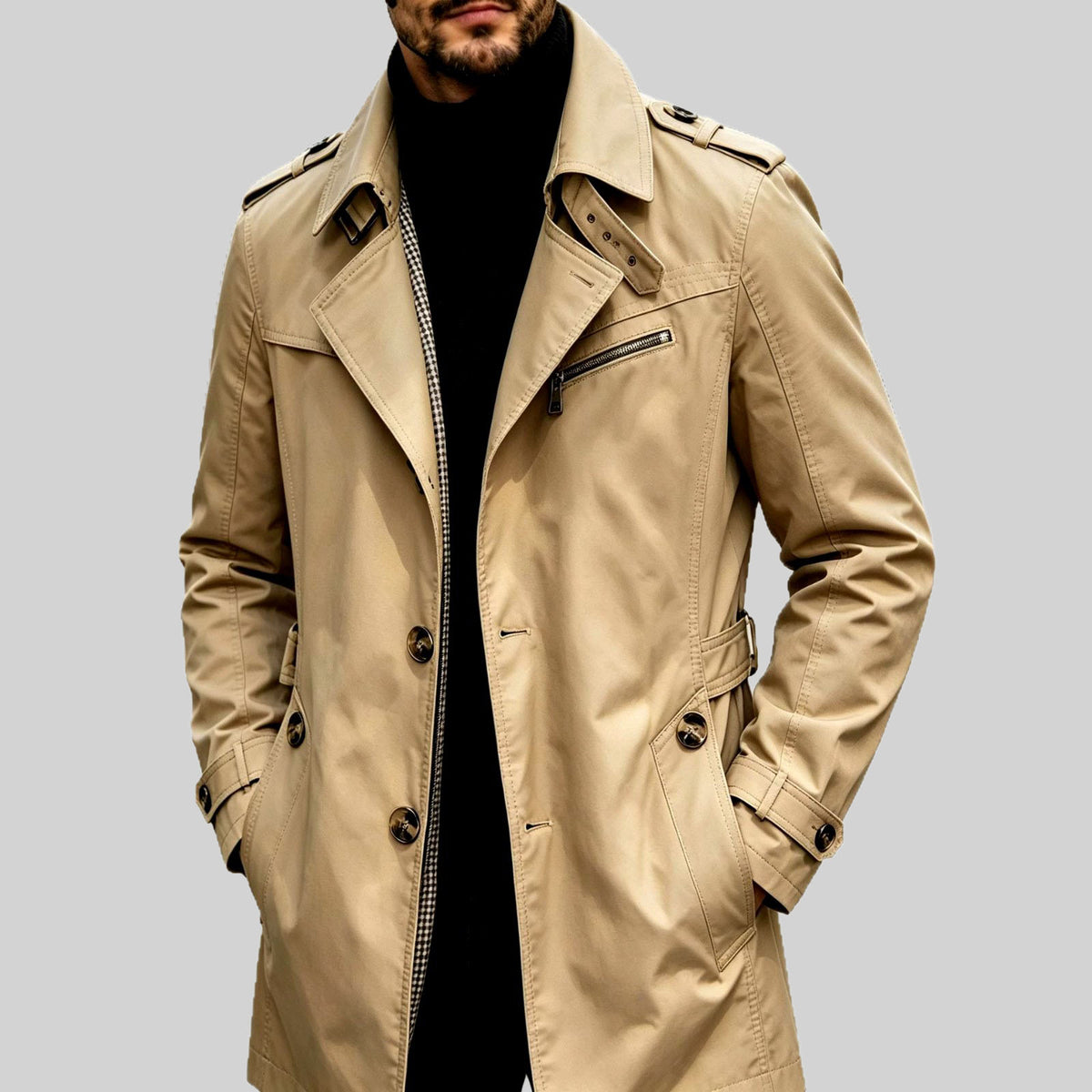 Erwin - Men's Long Belted Trench Coat with Zip Pocket 3