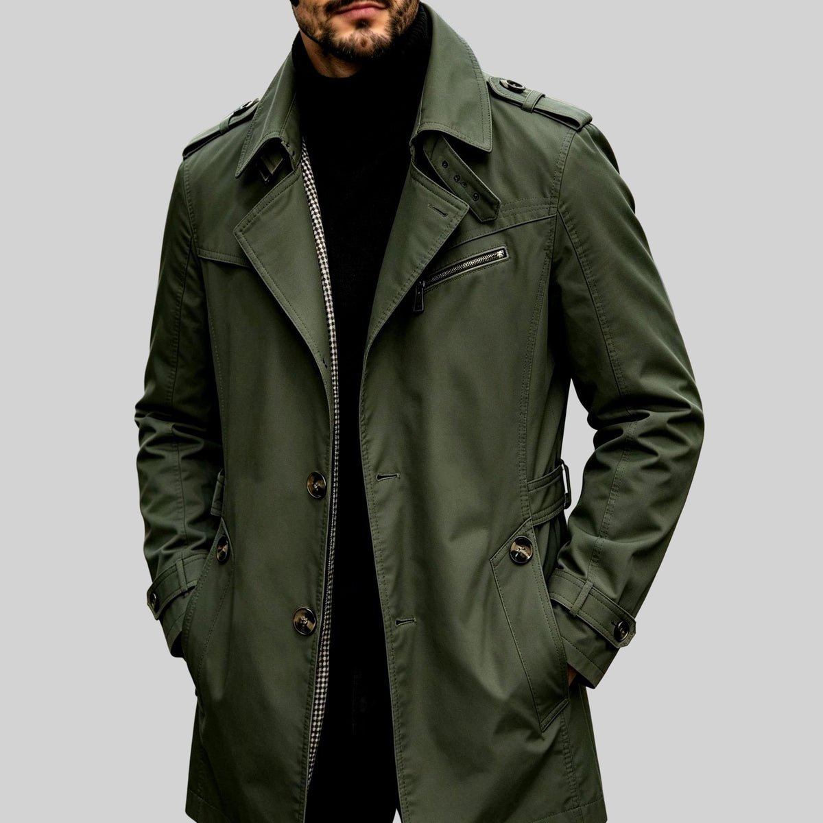 Erwin - Men's Long Belted Trench Coat with Zip Pocket 4
