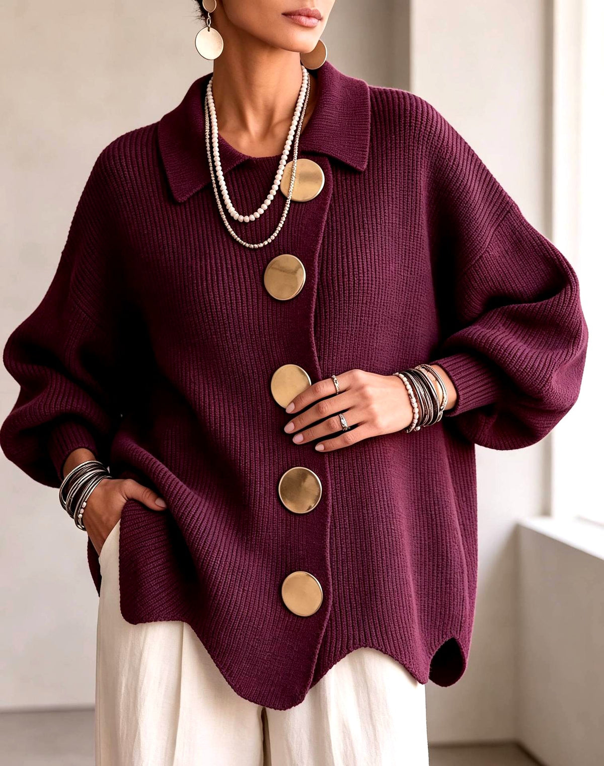 Estela - Women's Sequin Collared Oversized Party Cardigan 3