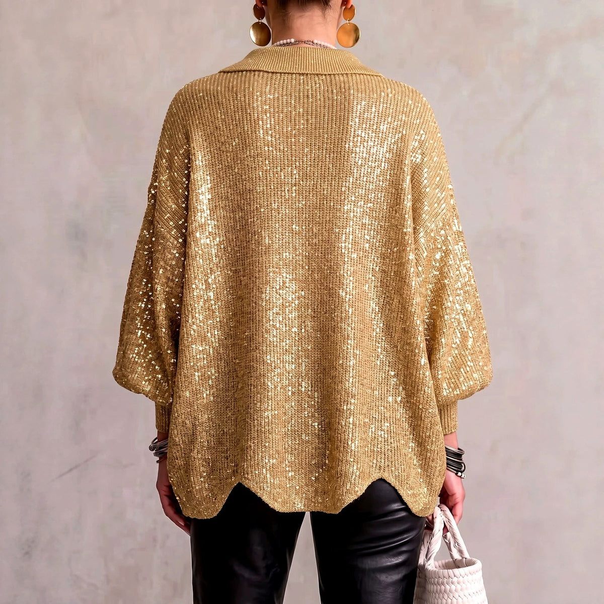 Estela - Women's Sequin Collared Oversized Party Cardigan 4