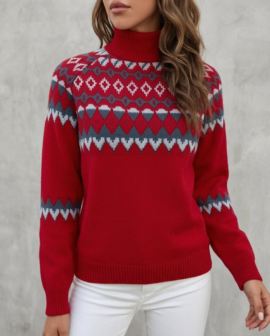 Eulalia - Women's Turtleneck Sweater with Fair Isle Knit Bands