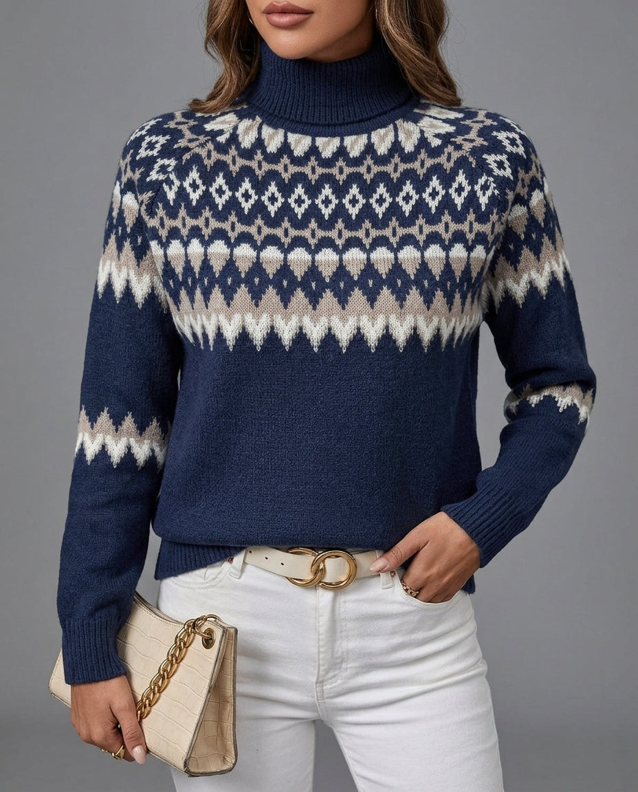 Eulalia - Women's Turtleneck Sweater with Fair Isle Knit Bands