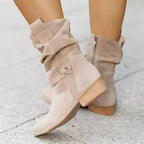 Evangeline - Women's Slouchy Suede Boots with Buckle Strap