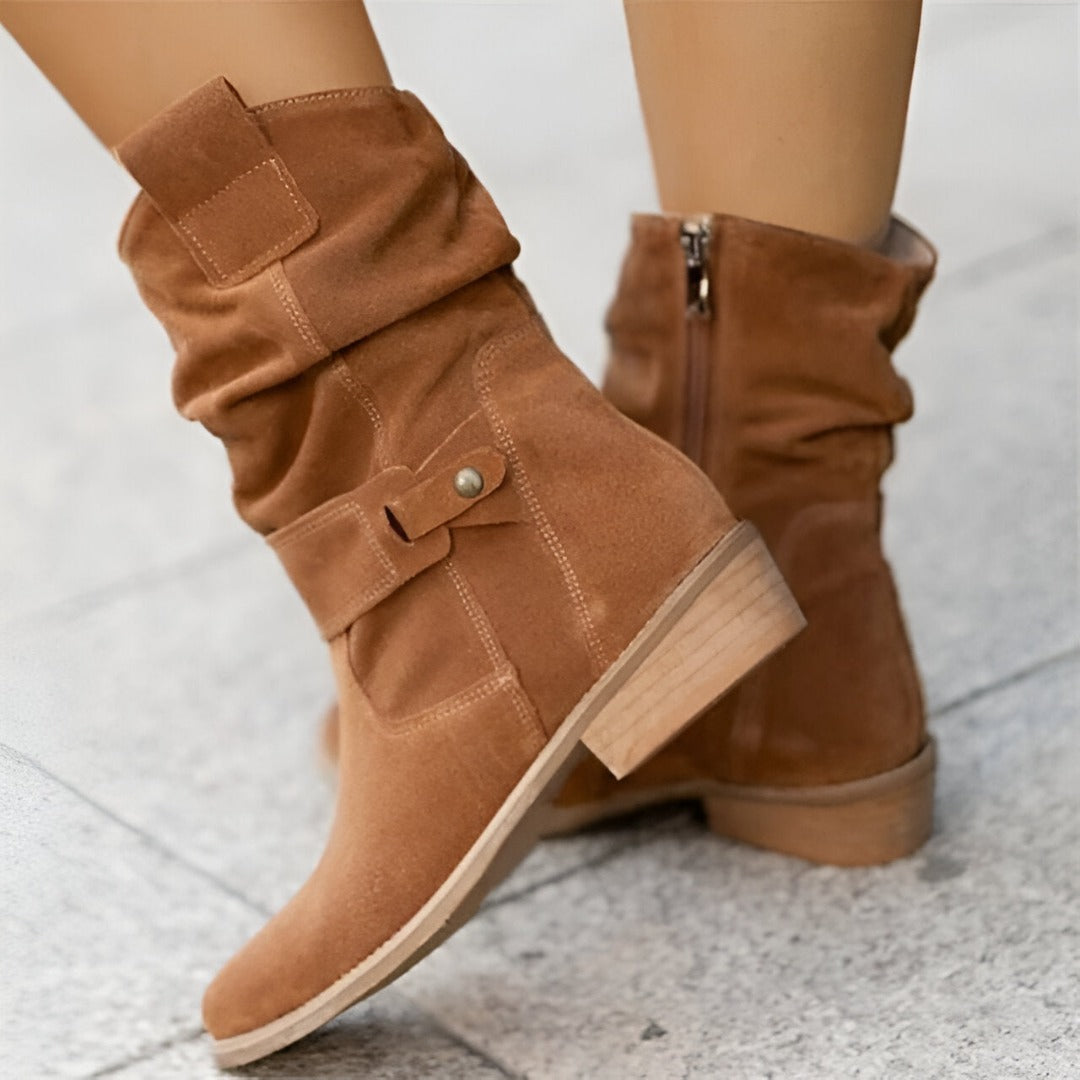 Evangeline - Women's Slouchy Suede Boots with Buckle Strap