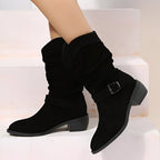 Evangeline - Women's Slouchy Suede Boots with Buckle Strap