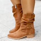 Evangeline - Women's Slouchy Suede Boots with Buckle Strap