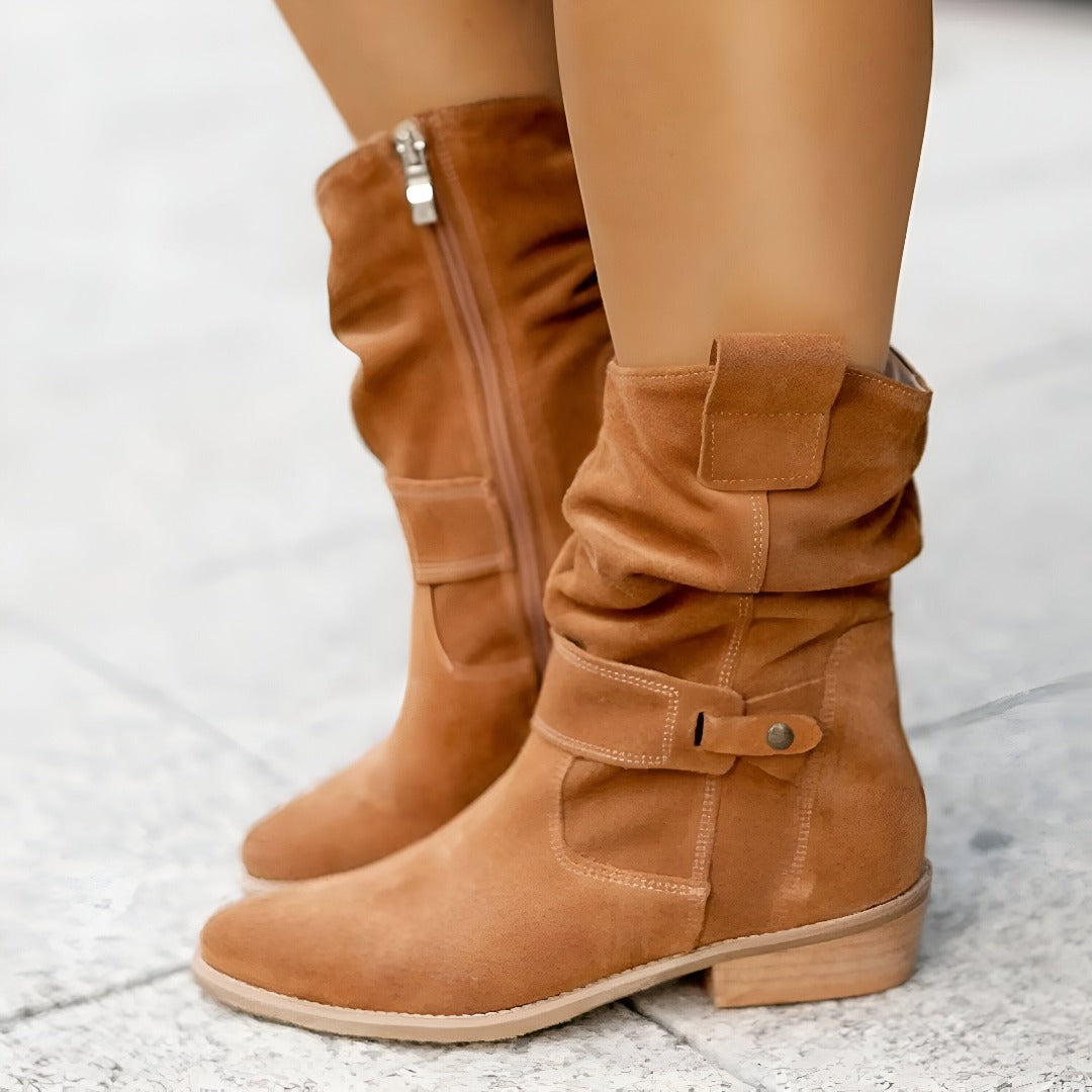 Evangeline - Women's Slouchy Suede Boots with Buckle Strap